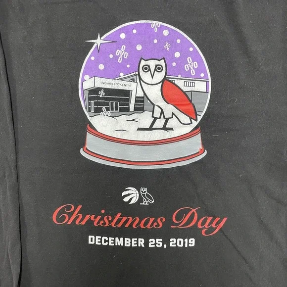 Toronto Raptors OVO Christmas long sleeve shirt mens Large Black Owl globe - Picture 2 of 11